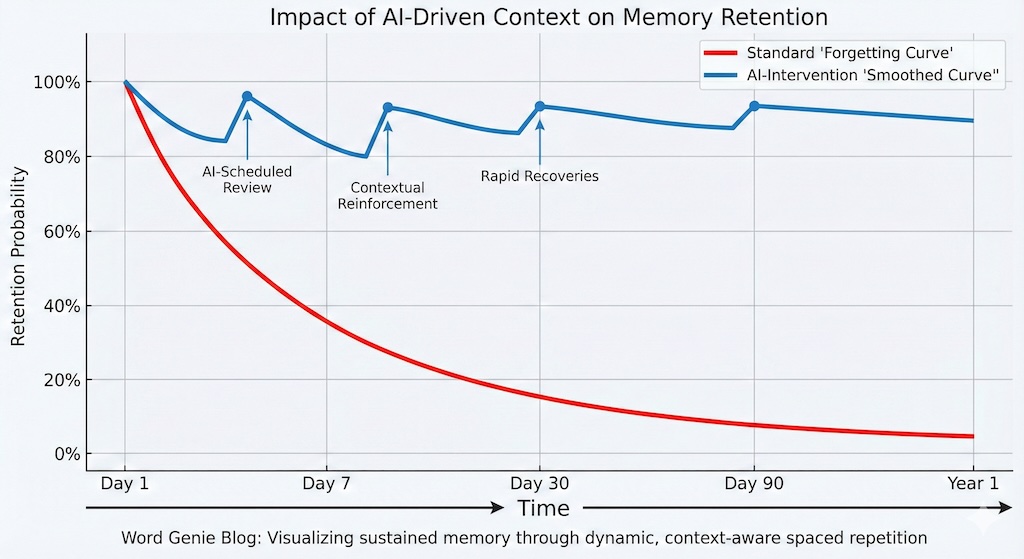 A comparative line graph. The 'X' axis represents 'Time' and 'Y' axis 'Retention Probability'. Two lines: A standard steep 'Forgetting Curve' (Red) vs. a 'Smoothed Curve' (Blue) representing AI-intervention. The Blue line shows gentle dips and rapid recoveries, visually demonstrating sustained memory.